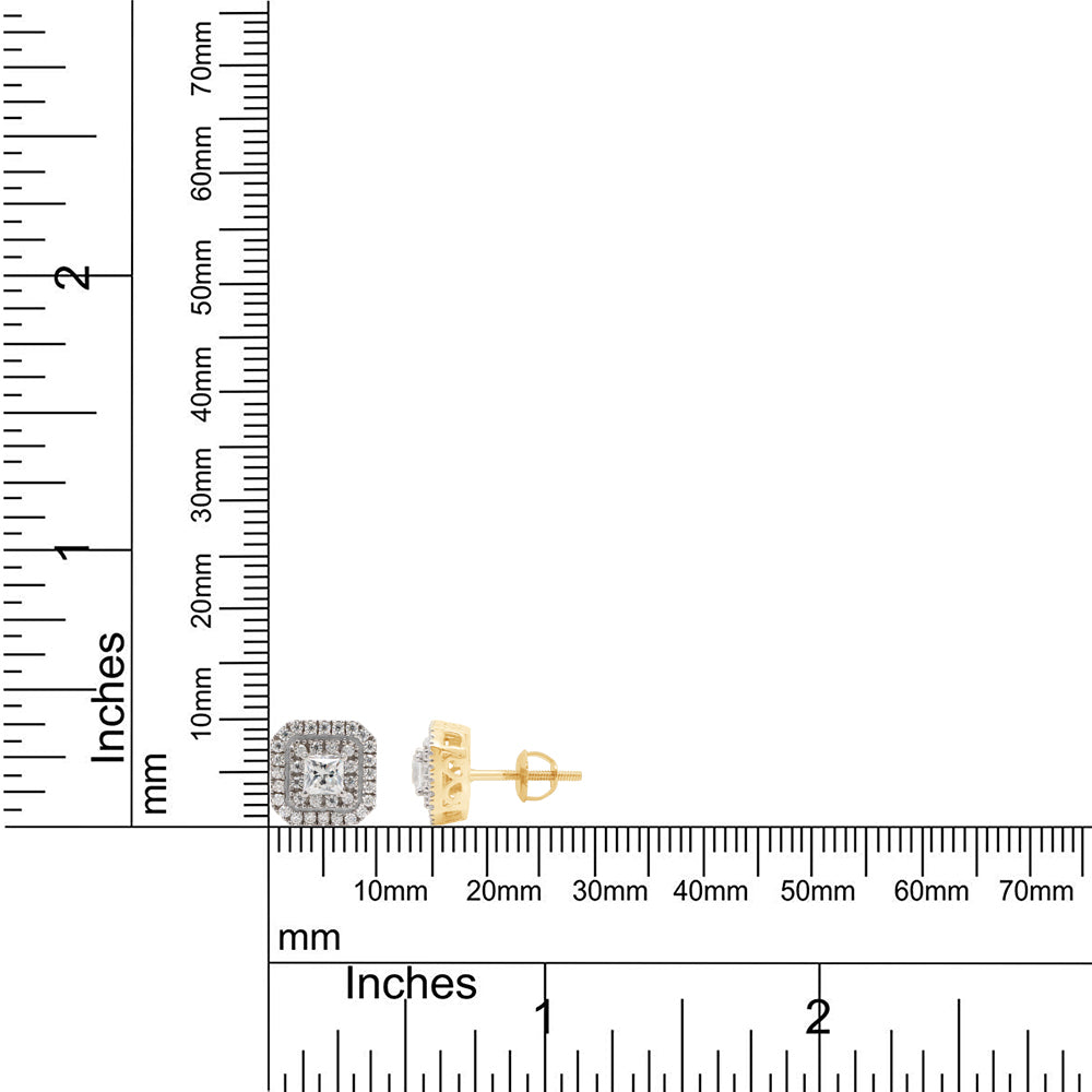 1 Carat Princess Cut Lab Created Moissanite Double Halo Stud Earrings In 14K Solid Yellow Gold F720