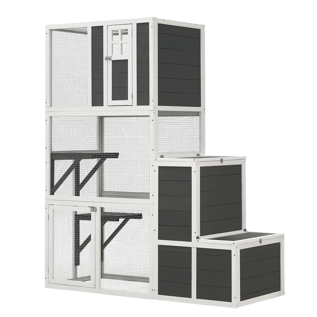 3-Tier Wooden Cat Cage with 2 Jump Platforms, 2 Resting Rooms, and 1 Loft, Gray Q983