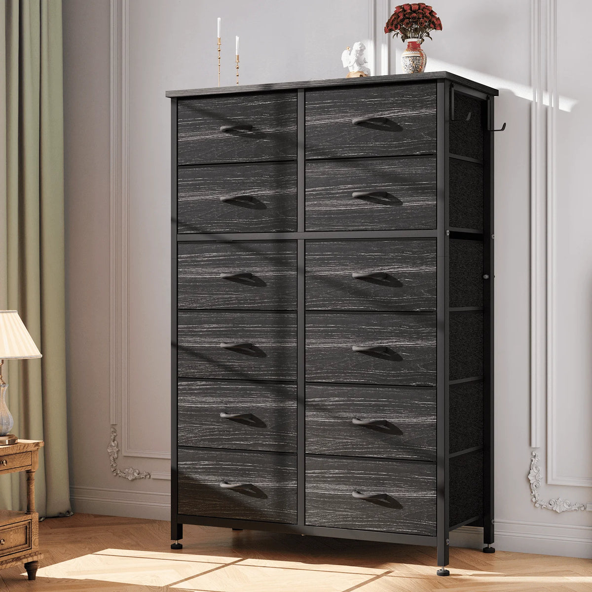 12 Drawer Fabric Dresser with Steel Frame and Wooden Top L400