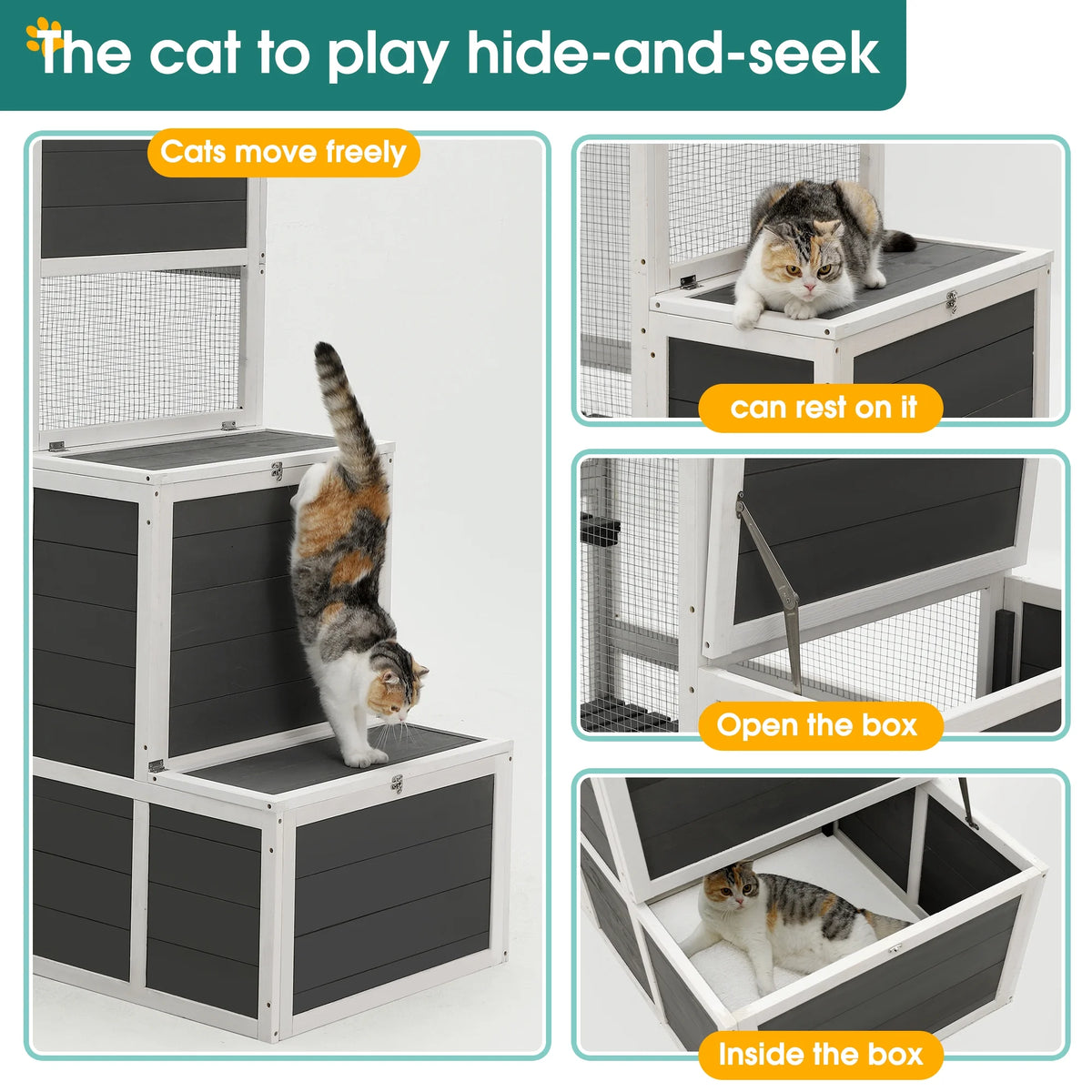 3-Tier Wooden Cat Cage with 2 Jump Platforms, 2 Resting Rooms, and 1 Loft, Gray Q983