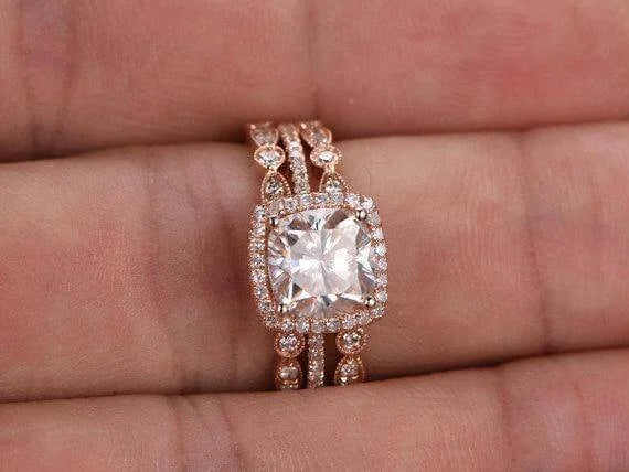 Cushion Moissanite Trio Wedding Set with 18k Gold Plating B512
