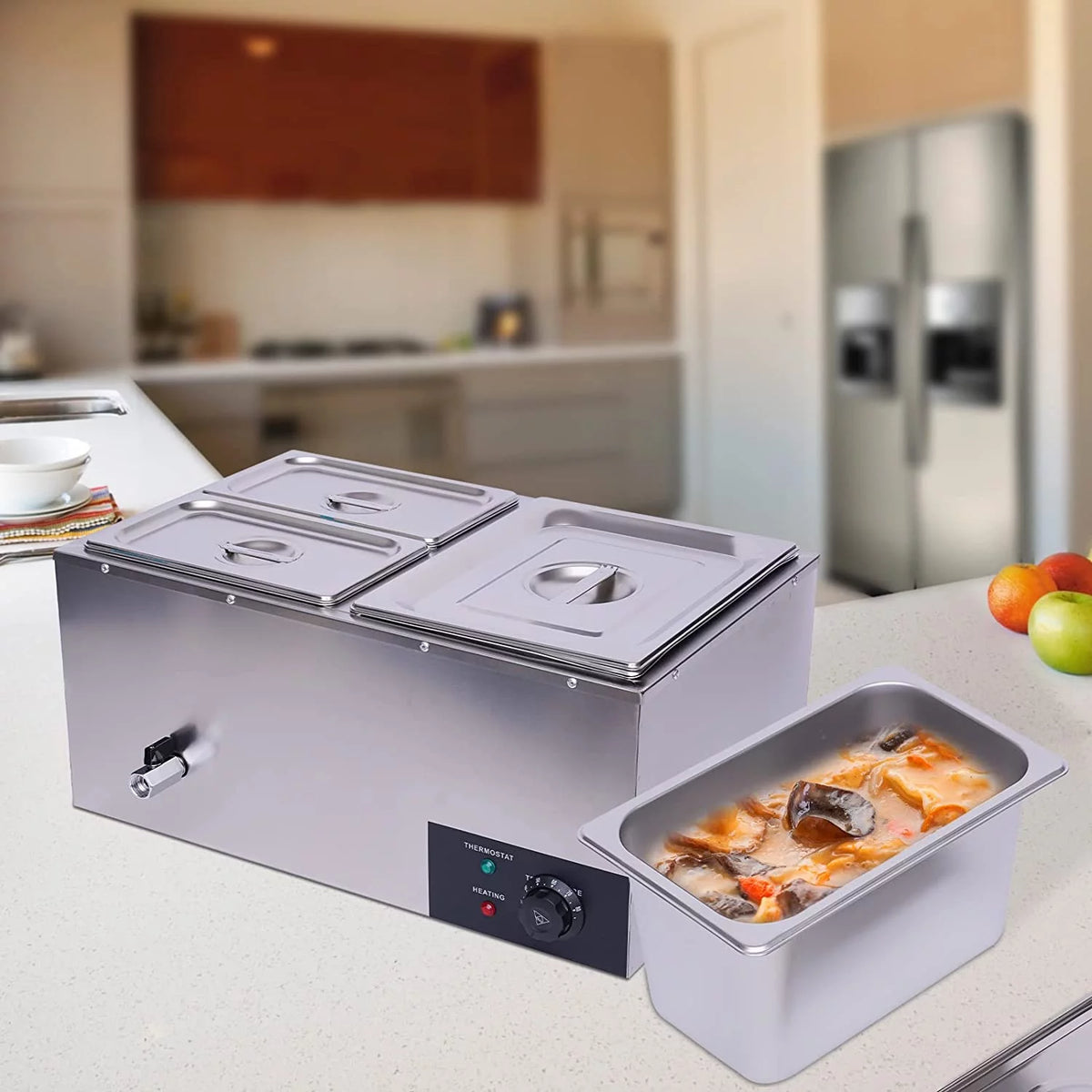 3-Pan Stainless Steel Electric Food Warmer with Lids 600W T307