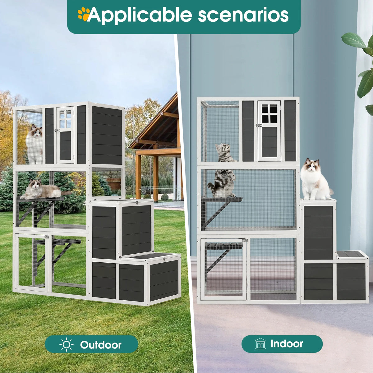 3-Tier Wooden Cat Cage with 2 Jump Platforms, 2 Resting Rooms, and 1 Loft, Gray Q983