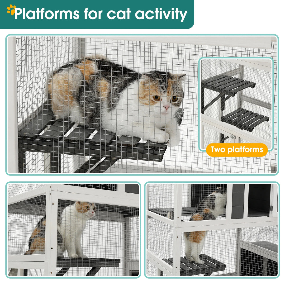 3-Tier Wooden Cat Cage with 2 Jump Platforms, 2 Resting Rooms, and 1 Loft, Gray Q983