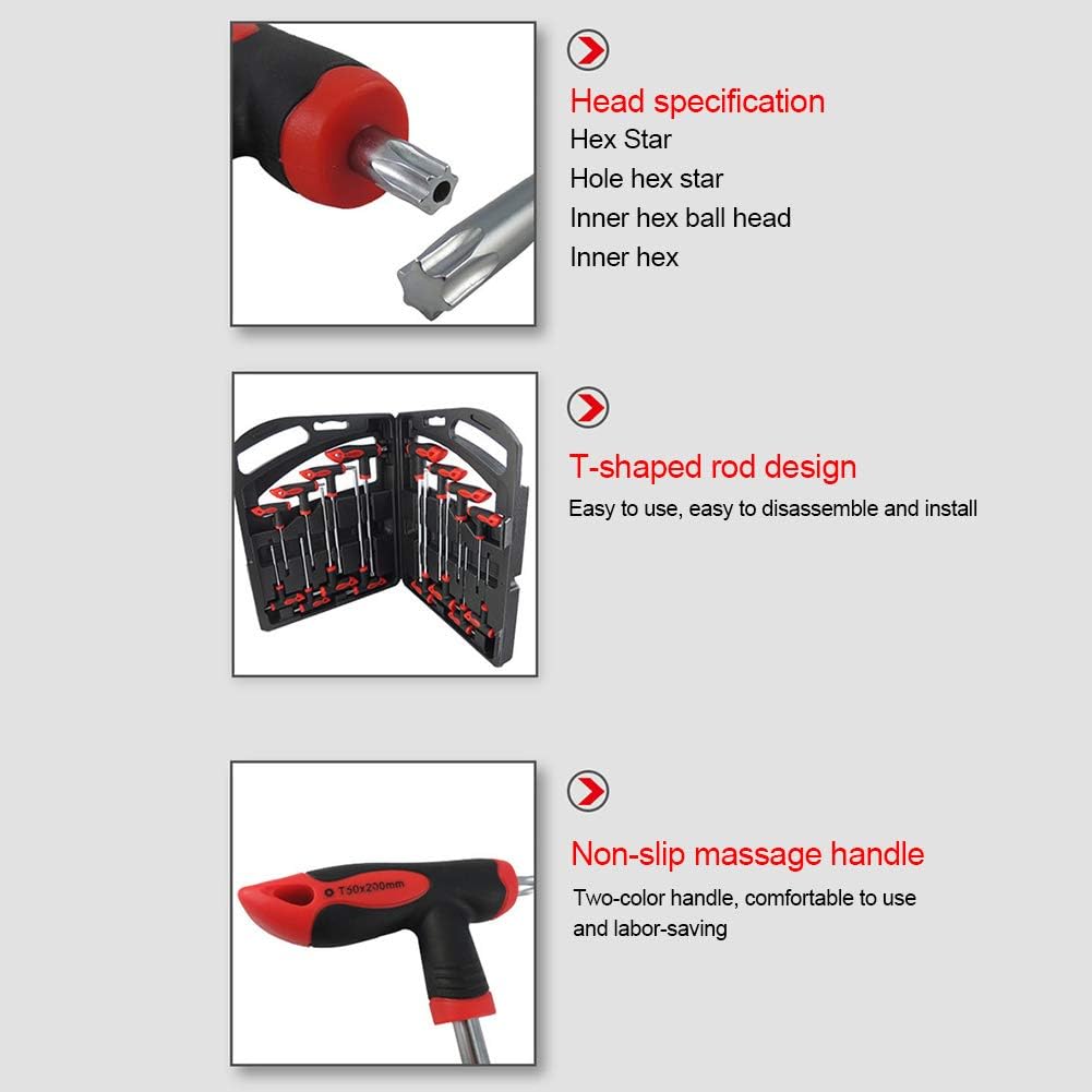 16 pcs T-Handle Hex Wrench Set, Ball End, 75mm-200mm, T10-T50 A826070
