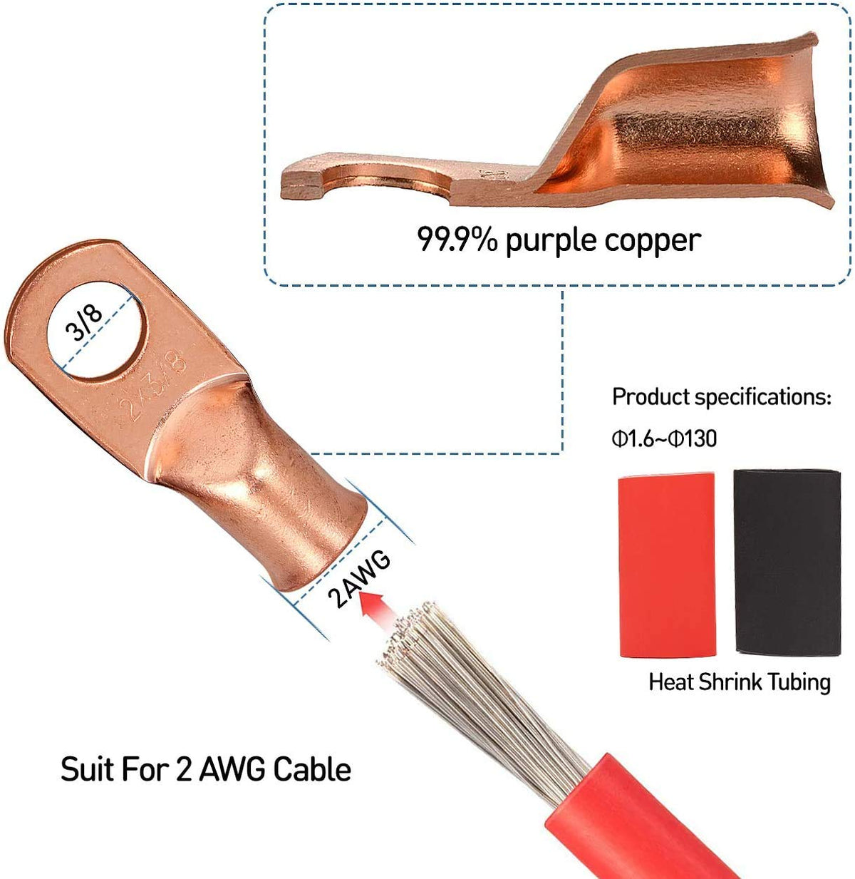12PCS 1/0x3/8 Copper Ring Terminal Connectors 1/0 AWG Heavy Duty Battery Cable Ends Bare Copper Lugs with 12 PCS 3:1 Heat Shrink Tubing B19461