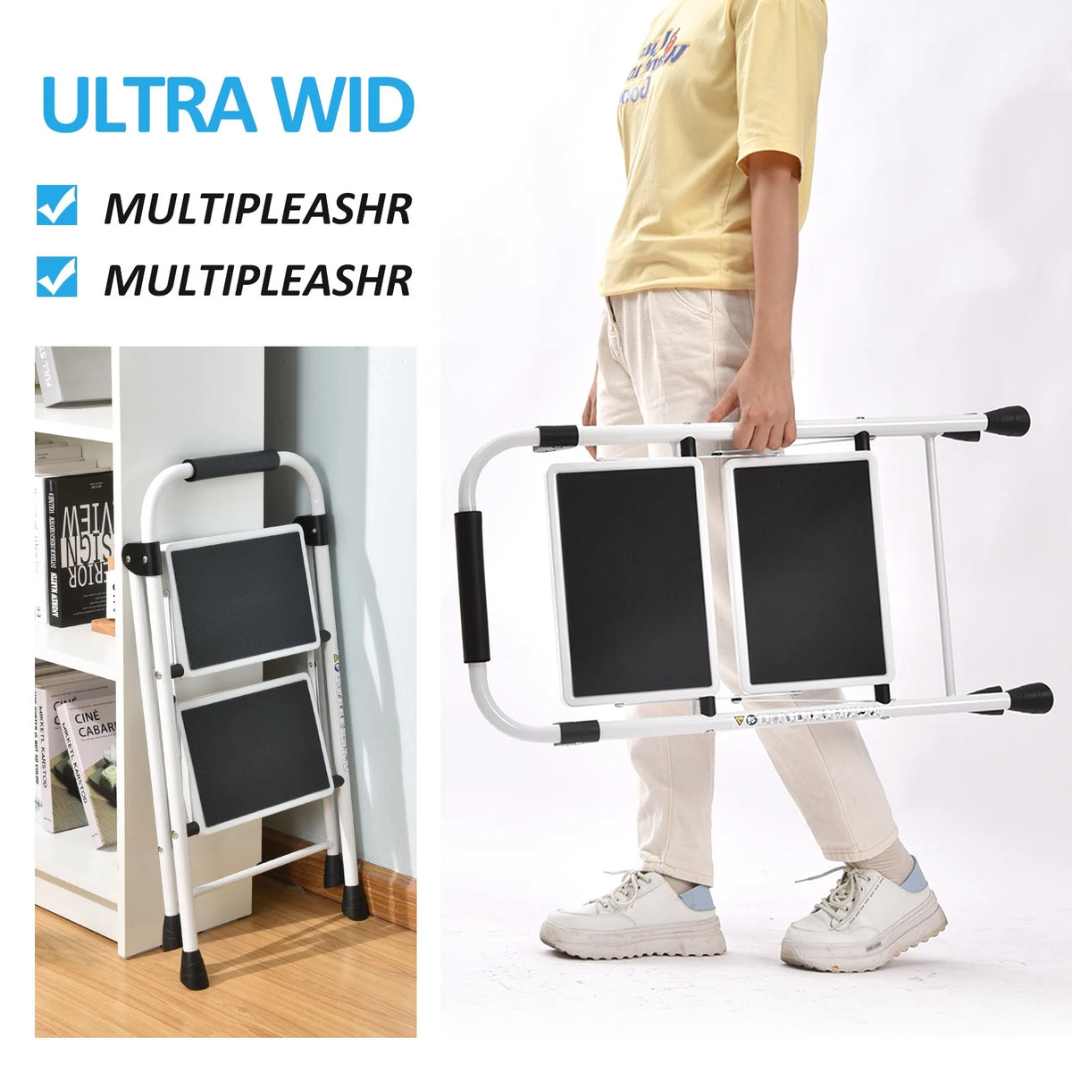 2 Step Stool Folding Step Ladder Non-slip White M429