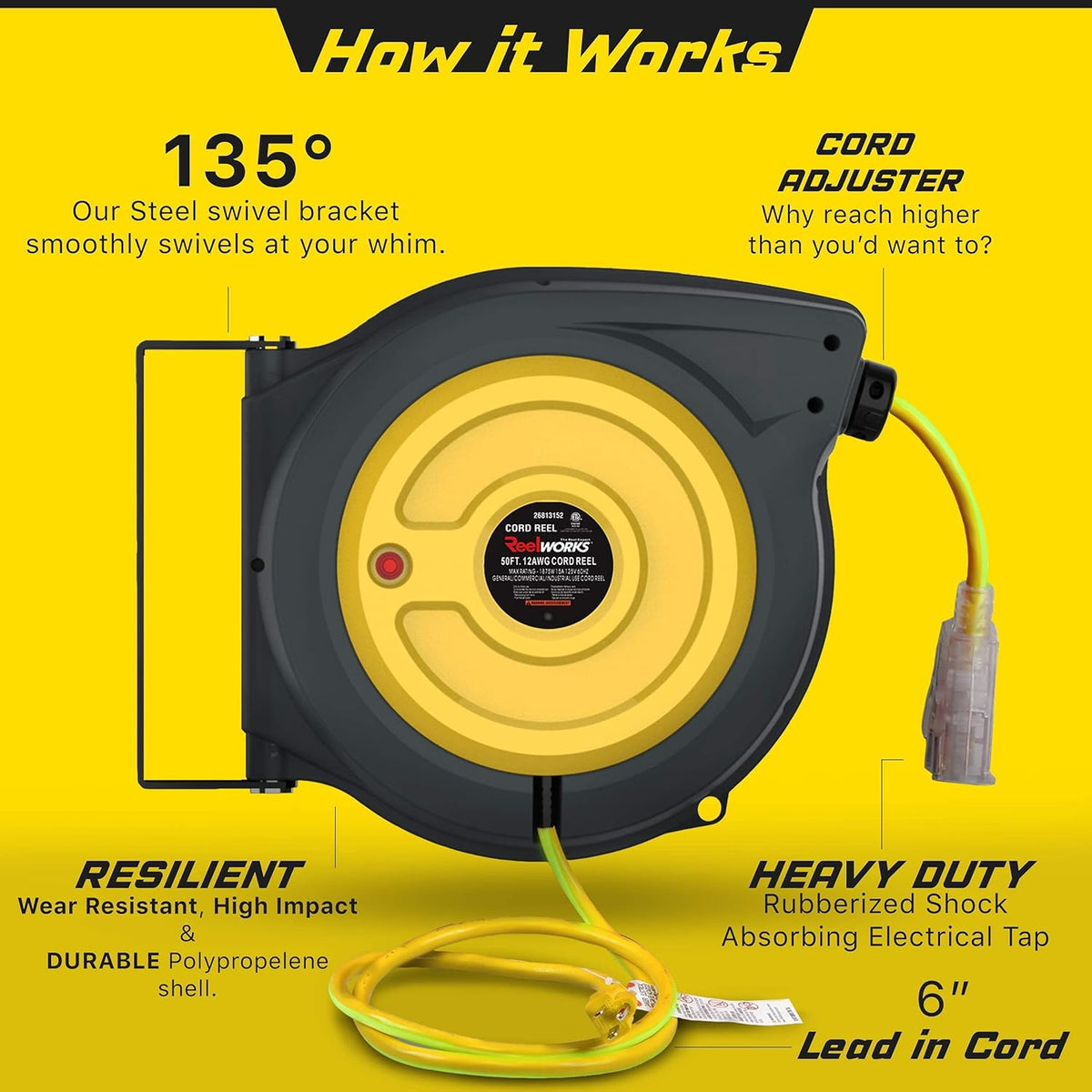 12AWG x 50' Foot Retractable Extension Cord Reel Y10237