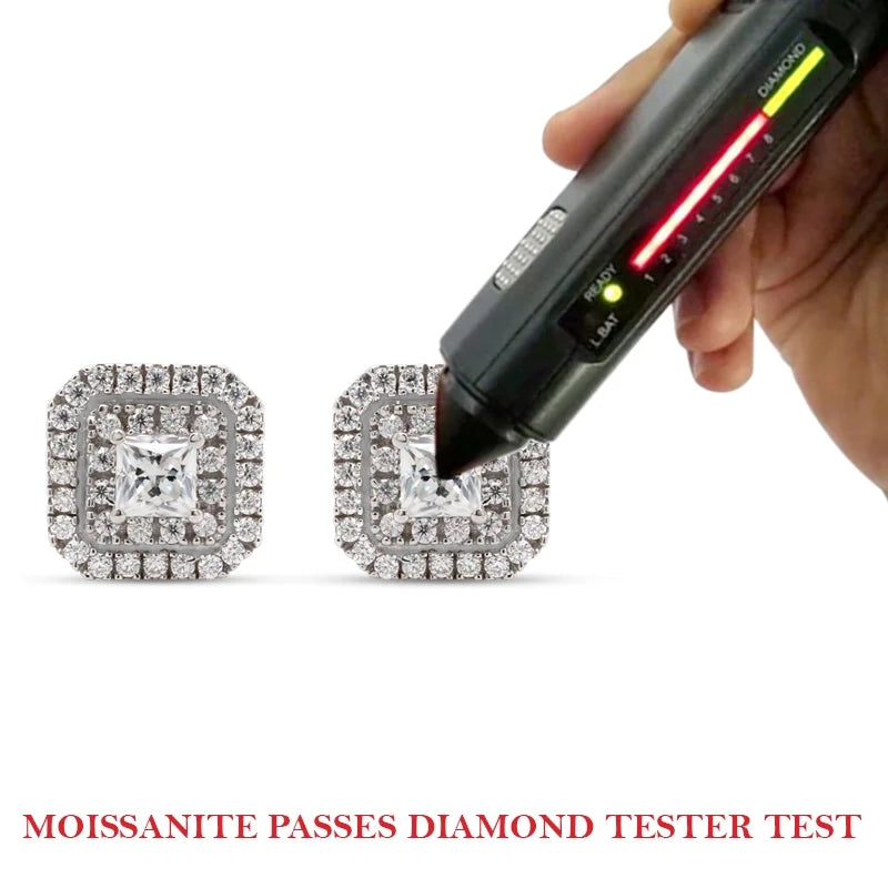1 Carat Princess Cut Lab Created Moissanite Double Halo Stud Earrings In 14K Solid Yellow Gold F720