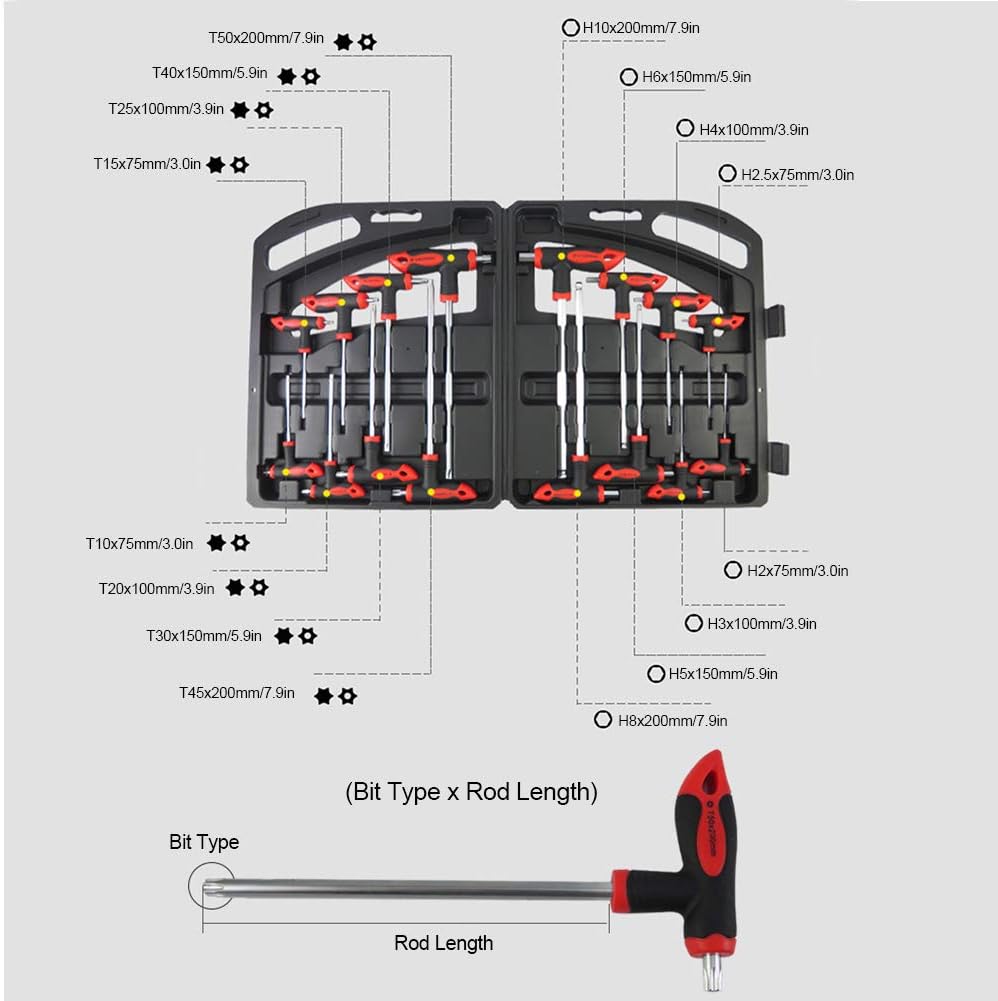 16 pcs T-Handle Hex Wrench Set, Ball End, 75mm-200mm, T10-T50 A826070