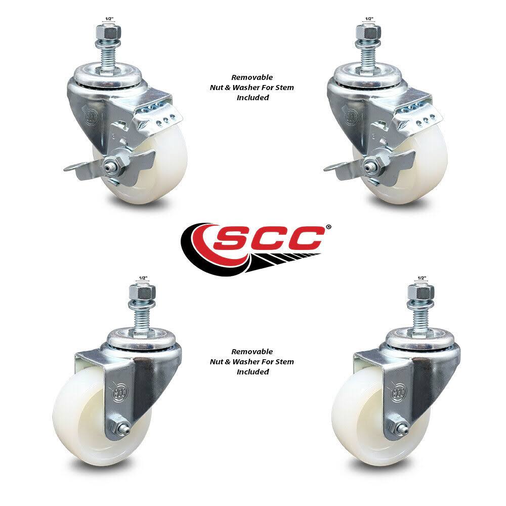 3 inch Nylon Wheel Swivel Threaded Stem Caster Set 2 Brakes O377670