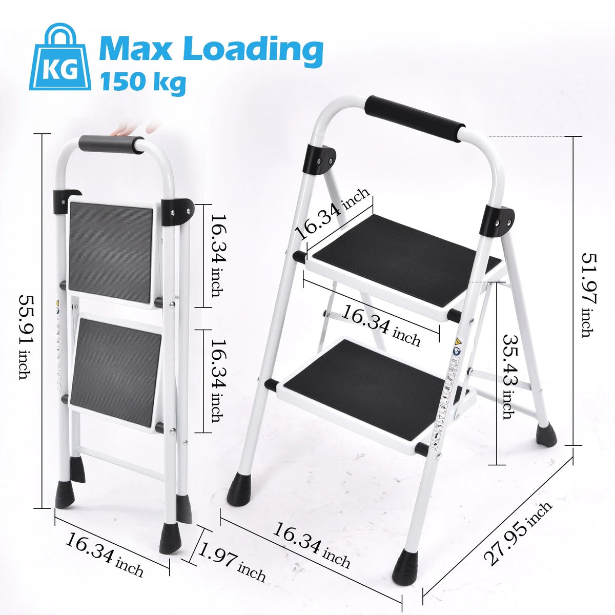 2 Step Stool Folding Step Ladder Non-slip White M429