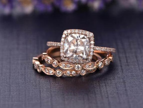 Cushion Moissanite Trio Wedding Set with 18k Gold Plating B512