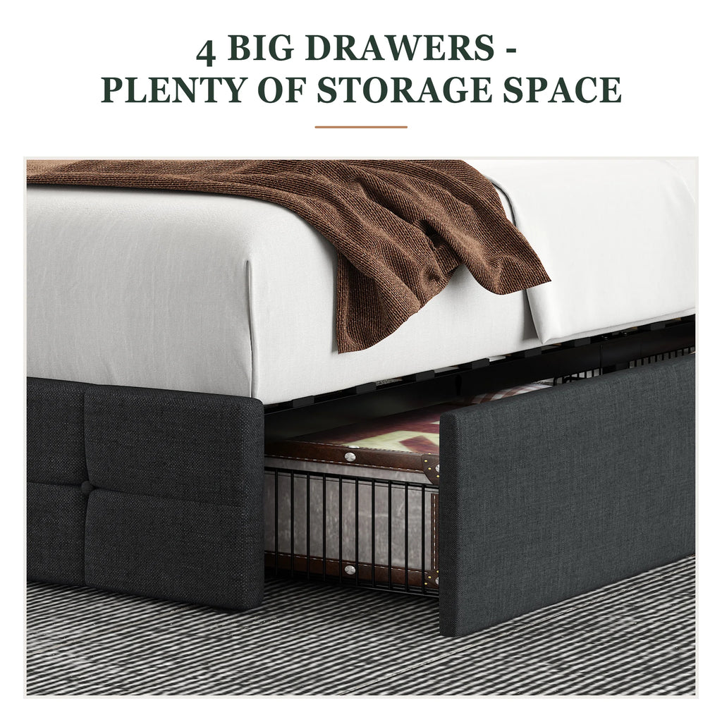 Queen Size Platform Bed Frame with Headboard and 4 Storage Drawers, Dark Grey D965033