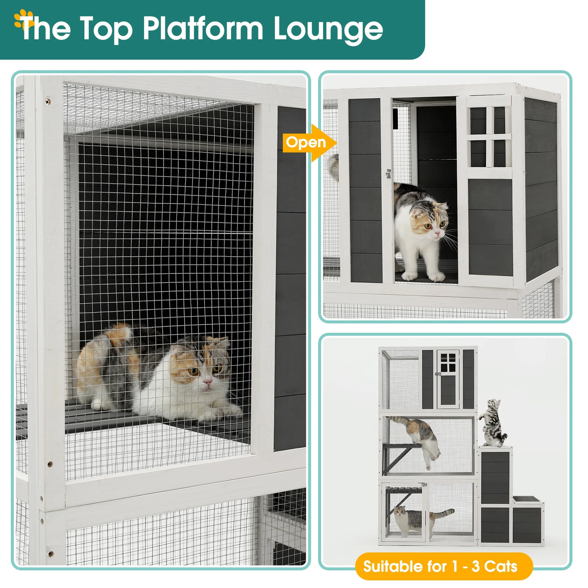 3-Tier Wooden Cat Cage with 2 Jump Platforms, 2 Resting Rooms, and 1 Loft, Gray Q983