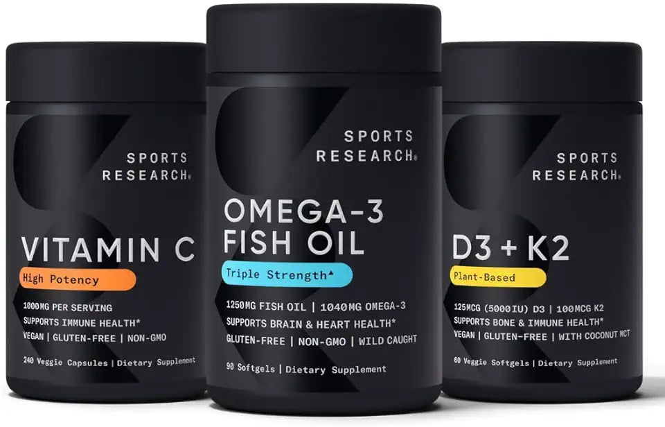 1250 mg Omega 3 Fish Oil 90 Count, Vegan Vitamin C 1000mg 240 Count, Vegan Vitamin D 5000iu with Vitamin K 60 Count Q124469