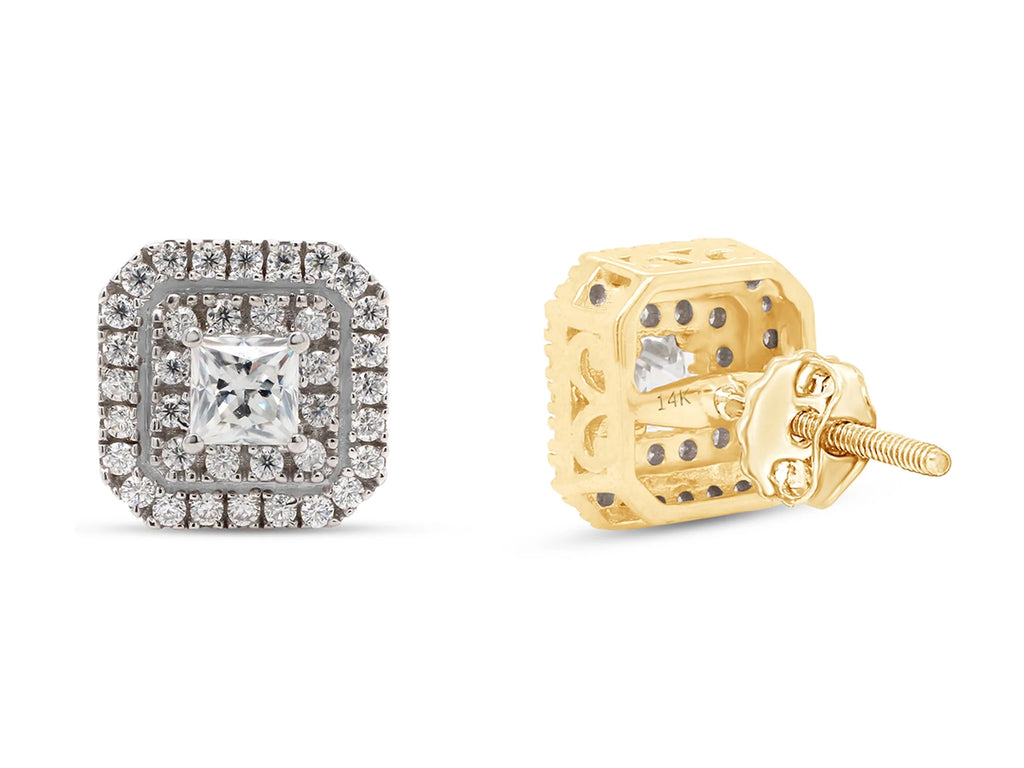1 Carat Princess Cut Lab Created Moissanite Double Halo Stud Earrings In 14K Solid Yellow Gold F720