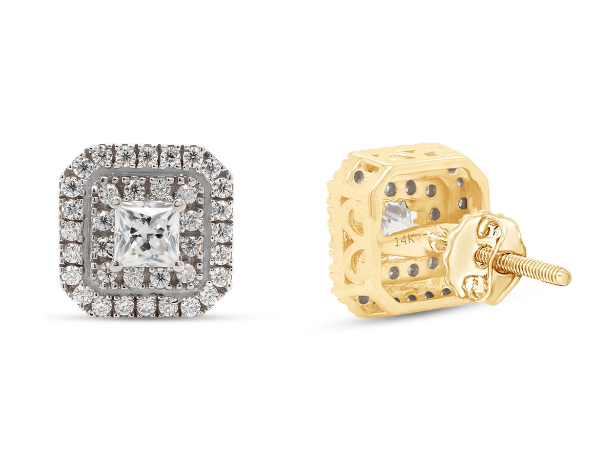 1 Carat Princess Cut Lab Created Moissanite Double Halo Stud Earrings In 14K Solid Yellow Gold F720