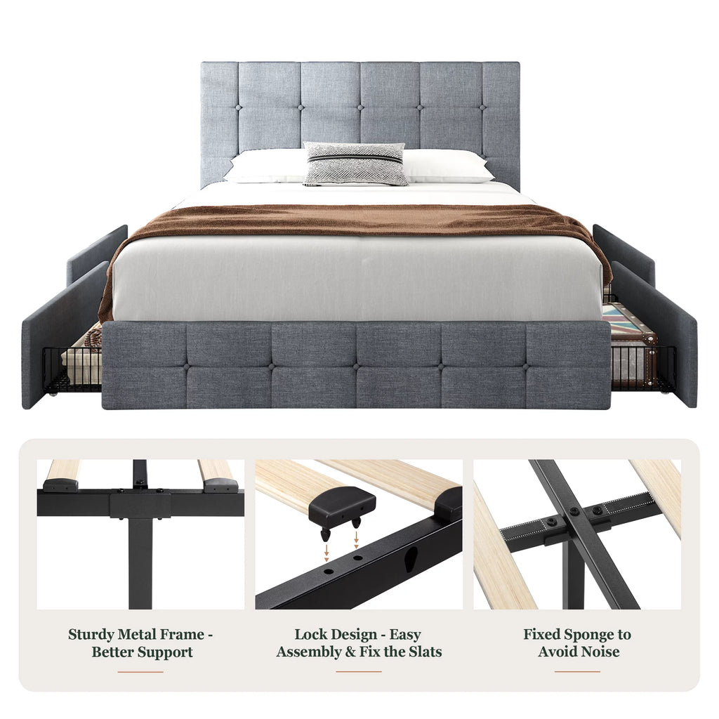 Queen Size Platform Bed Frame with Headboard and 4 Storage Drawers, Dark Grey D965033