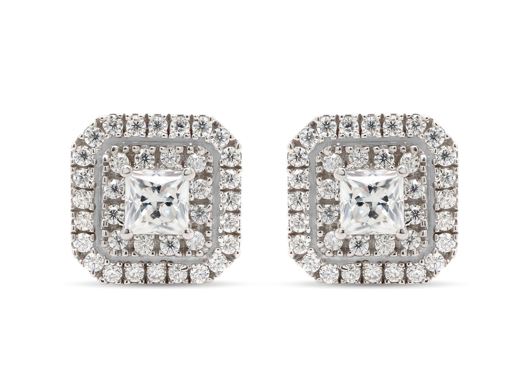 1 Carat Princess Cut Lab Created Moissanite Double Halo Stud Earrings In 14K Solid Yellow Gold F720