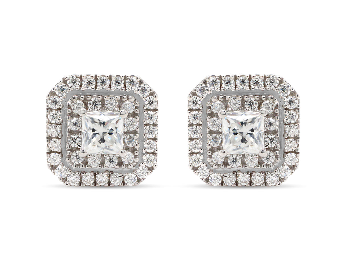 1 Carat Princess Cut Lab Created Moissanite Double Halo Stud Earrings In 14K Solid Yellow Gold F720