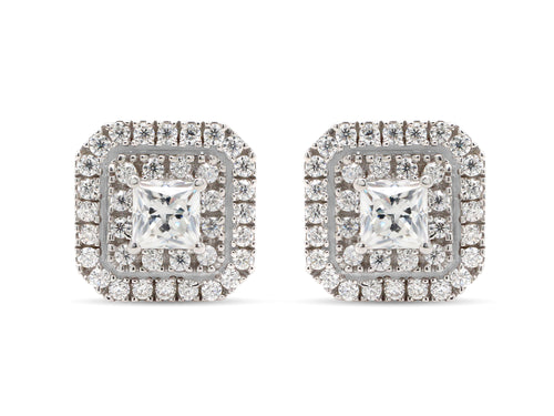 1 Carat Princess Cut Lab Created Moissanite Double Halo Stud Earrings In 14K Solid Yellow Gold F720