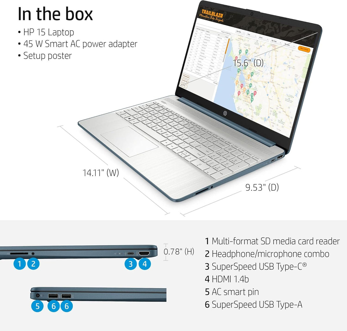 15.6" FHD Laptop, AMD Ryzen5-5500U, 16GB RAM, 1TB SSD, Windows 11 Home, Spruce Blue U7545