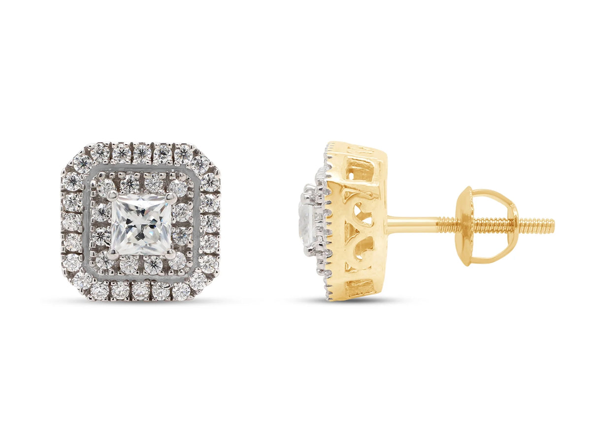 1 Carat Princess Cut Lab Created Moissanite Double Halo Stud Earrings In 14K Solid Yellow Gold F720