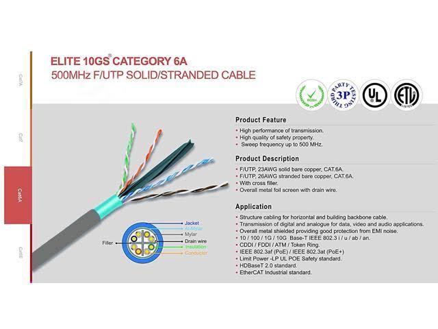 1000 ft Bulk Cat6a Shielded FTP Pure Copper Cable Reel Q4378
