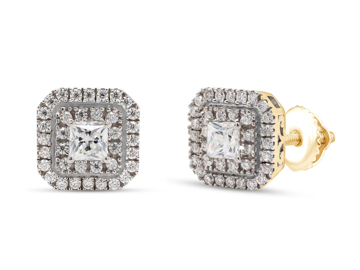 1 Carat Princess Cut Lab Created Moissanite Double Halo Stud Earrings In 14K Solid Yellow Gold F720