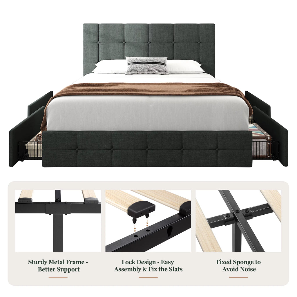 Queen Size Platform Bed Frame with Headboard and 4 Storage Drawers, Dark Grey D965033